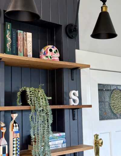 hot desk station in dark blue - interesting interiors-recycled tongue and groove panels