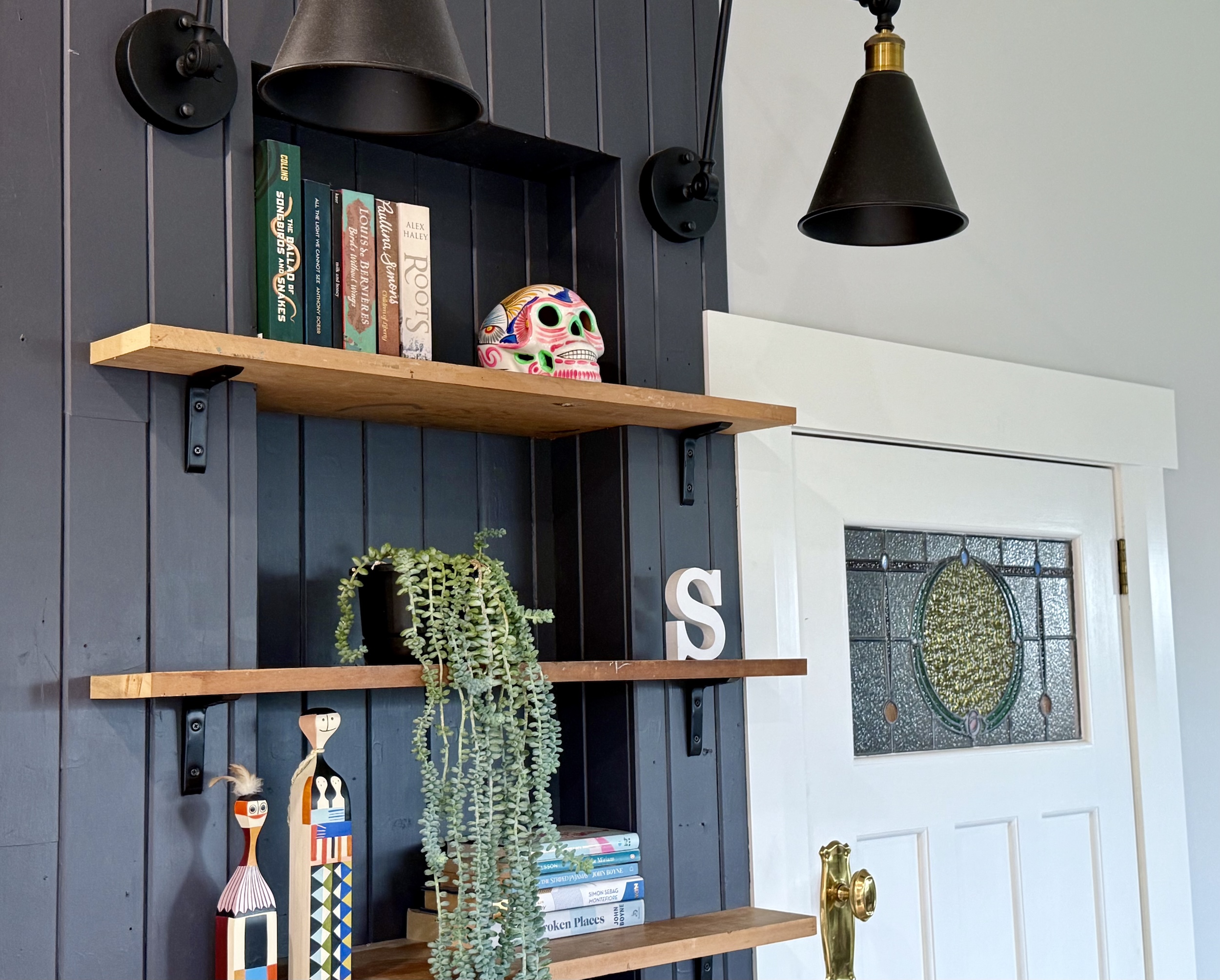 hot desk station in dark blue - interesting interiors-recycled tongue and groove panels