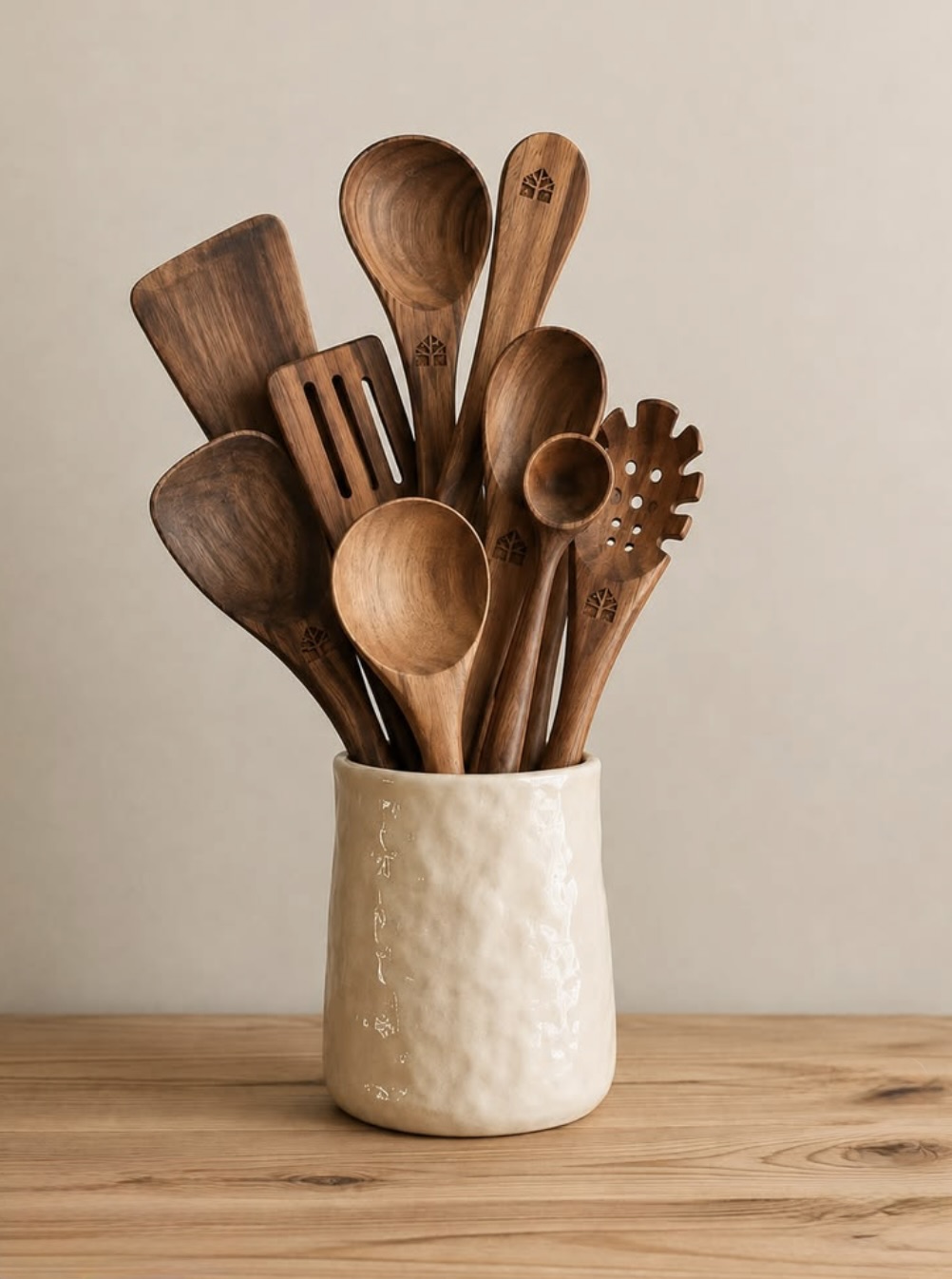 Wood utensils in a ceramic canister